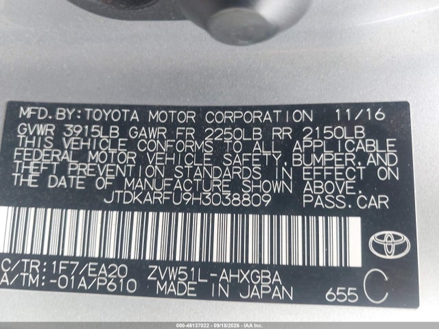 Продаж на аукціоні авто 2017 Toyota Prius Four, vin: JTDKARFU9H3038809, номер лоту: 46137022