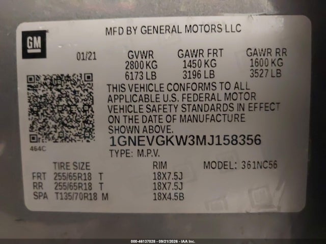 Продажа на аукционе авто 2021 Chevrolet Traverse Awd Lt Cloth, vin: 1GNEVGKW3MJ158356, номер лота: 46137028