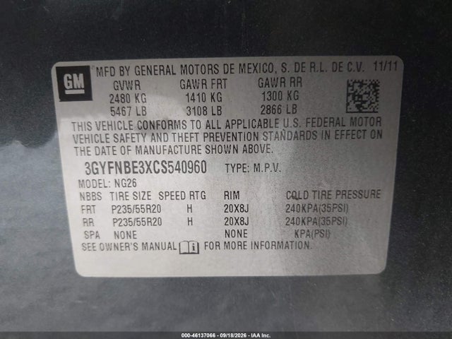 46137066 :رقم المزاد ، 3GYFNBE3XCS540960 vin ، 2012 Cadillac Srx Performance Collection مزاد بيع