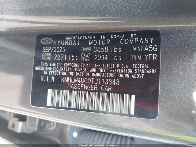 Продаж на аукціоні авто 2026 Hyundai Elantra Sel Sport, vin: KMHLM4DG0TU113343, номер лоту: 46137067