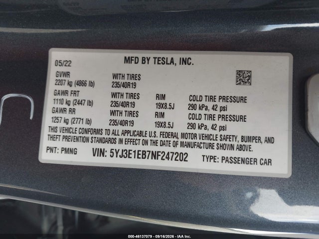 Tesla Model 3 Long Range 2022 5YJ3E1EB7NF247202 Image 9