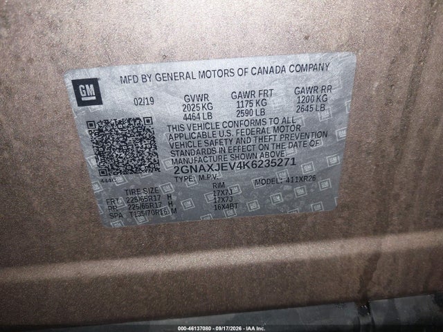 Aukcja sprzedaży 2019 Chevrolet Equinox Lt, vin: 2GNAXJEV4K6235271, numer aukcji: 46137080