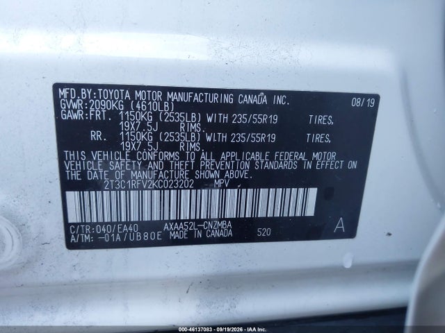 Aukcja sprzedaży 2019 Toyota Rav4 Xle Premium, vin: 2T3C1RFV2KC023202, numer aukcji: 46137083