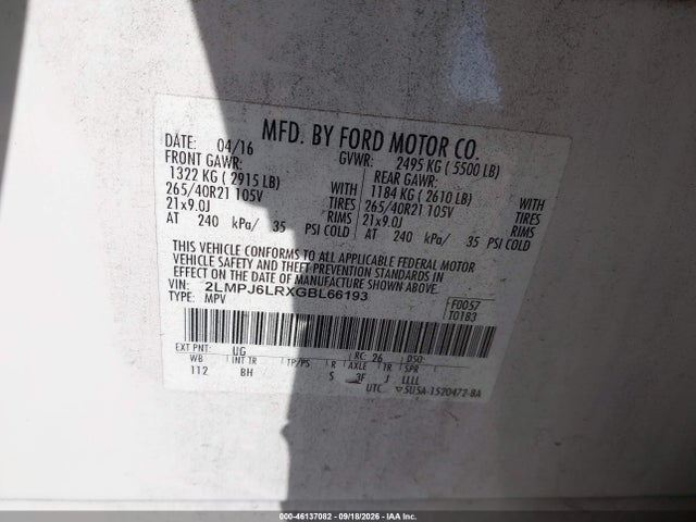 46137082 :رقم المزاد ، 2LMPJ6LRXGBL66193 vin ، 2016 Lincoln Mkx Reserve مزاد بيع