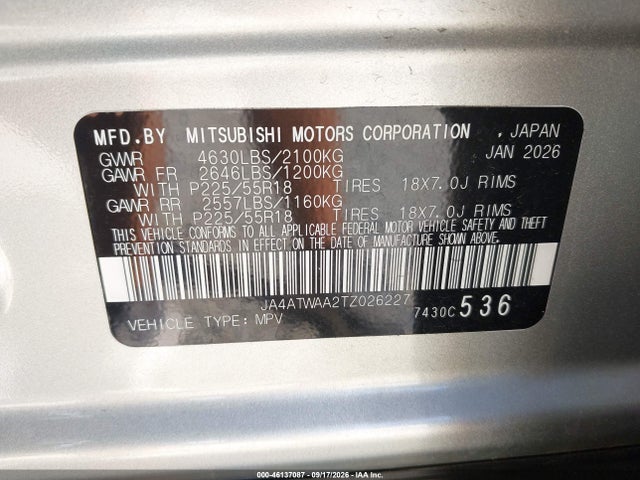 46137087 :رقم المزاد ، JA4ATWAA2TZ026227 vin ، 2026 Mitsubishi Eclipse Cross Black Edition S-awc/se S-awc/sel S-awc مزاد بيع