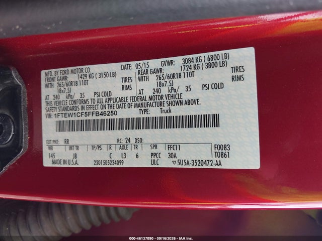 46137090 :رقم المزاد ، 1FTEW1CF5FFB46250 vin ، 2015 Ford F-150 Xlt مزاد بيع