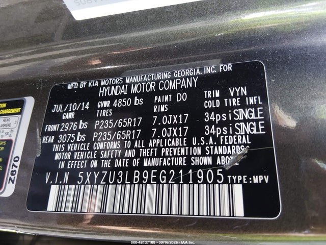 Aukcja sprzedaży 2014 Hyundai Santa Fe Sport 2.4l, vin: 5XYZU3LB9EG211905, numer aukcji: 46137108