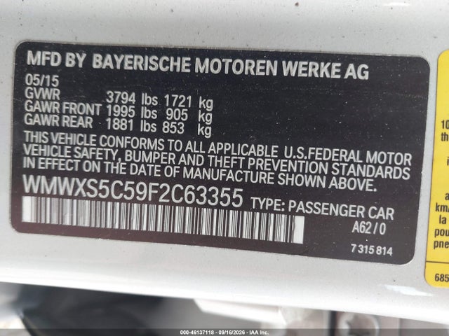 Aukcja sprzedaży 2015 Mini Hardtop Cooper, vin: WMWXS5C59F2C63355, numer aukcji: 46137118