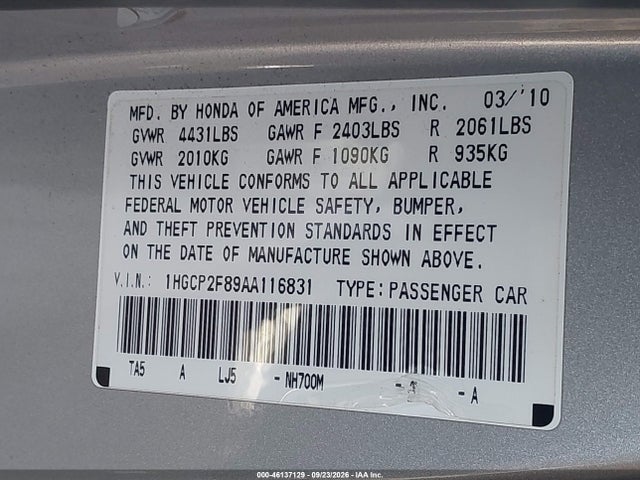 Aukcja sprzedaży 2010 Honda Accord 2.4 Ex-l, vin: 1HGCP2F89AA116831, numer aukcji: 46137129