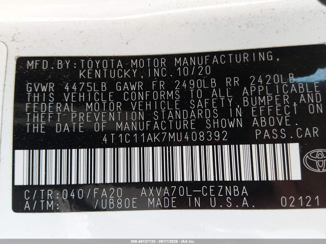 Aukcja sprzedaży 2021 Toyota Camry Le, vin: 4T1C11AK7MU408392, numer aukcji: 46137132