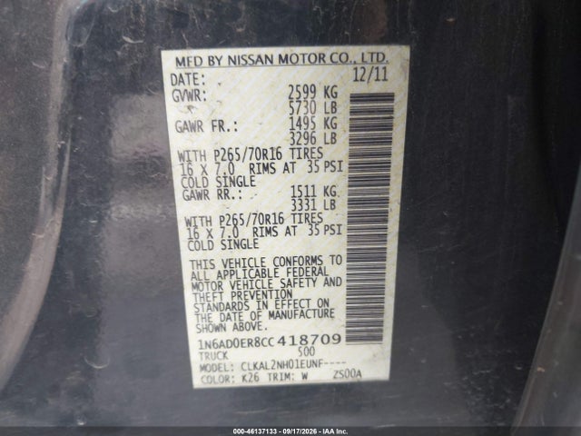 46137133 :رقم المزاد ، 1N6AD0ER8CC418709 vin ، 2012 Nissan Frontier Sv مزاد بيع