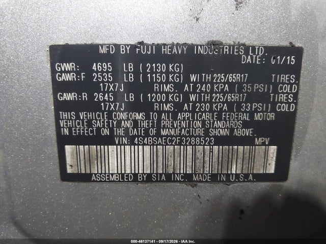46137141 :رقم المزاد ، 4S4BSAEC2F3288523 vin ، 2015 Subaru Outback 2.5i Premium مزاد بيع