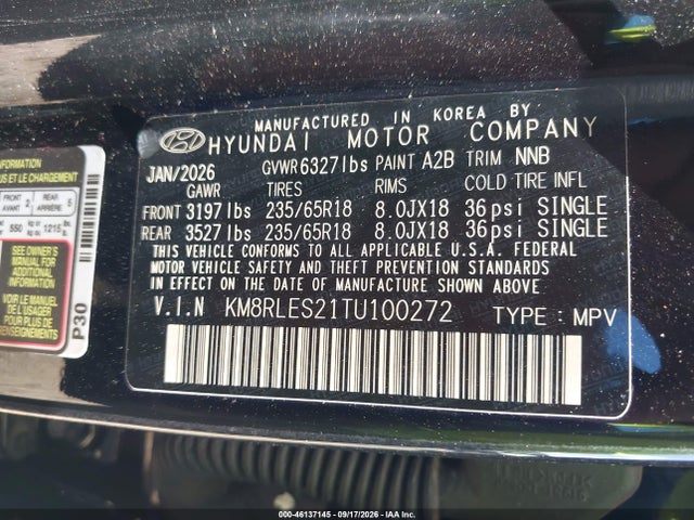 46137145 :رقم المزاد ، KM8RLES21TU100272 vin ، 2026 Hyundai Palisade Sel 7p مزاد بيع