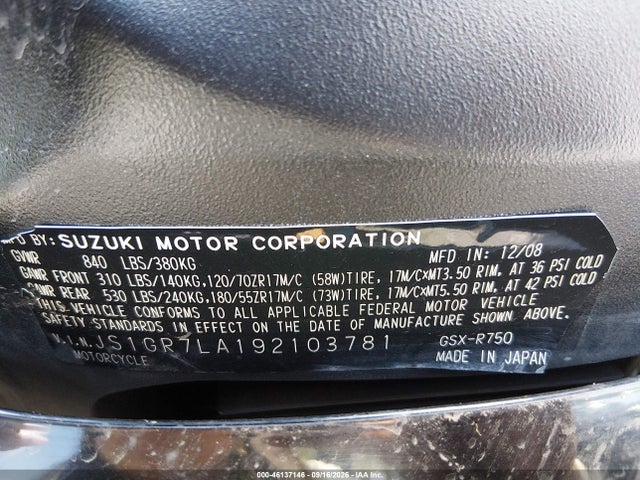 Auction sale of the 2009 Suzuki Gsx-r750, vin: JS1GR7LA192103781, lot number: 46137146
