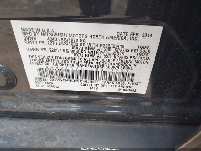 46137153 :رقم المزاد ، 4A4AP3AU3EE023309 vin ، 2014 Mitsubishi Outlander Sport Es مزاد بيع