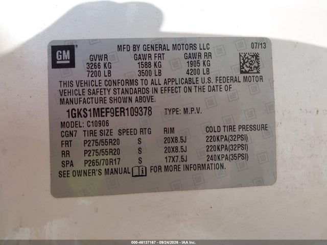46137167 :رقم المزاد ، 1GKS1MEF9ER109378 vin ، 2014 Gmc Yukon Xl 1500 Denali مزاد بيع
