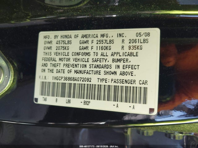 2008 Honda Accord 3.5 Ex-l მანქანა იყიდება აუქციონზე, vin: 1HGCP36868A072092, აუქციონის ნომერი: 46137173