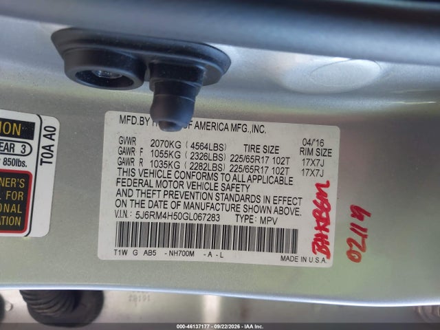 2016 Honda Cr-v Ex მანქანა იყიდება აუქციონზე, vin: 5J6RM4H50GL067283, აუქციონის ნომერი: 46137177