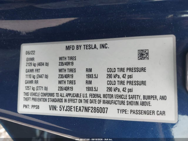 5YJ3E1EA7NF286007 Tesla MODEL 3