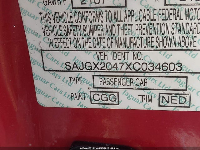 46137181 :رقم المزاد ، SAJGX2047XC034603 vin ، 1999 Jaguar Xk8 مزاد بيع