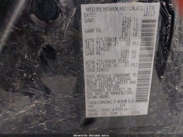 46137183 :رقم المزاد ، 5N1AT2MV3KC749854 vin ، 2019 Nissan Rogue Sv مزاد بيع