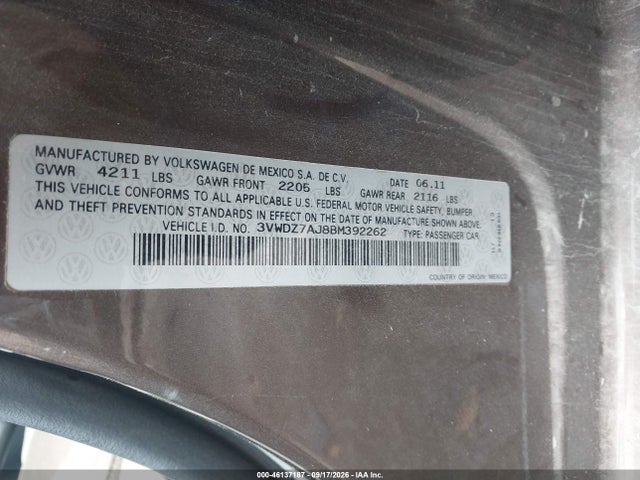 46137187 :رقم المزاد ، 3VWDZ7AJ8BM392262 vin ، 2011 Volkswagen Jetta 2.5l Se مزاد بيع