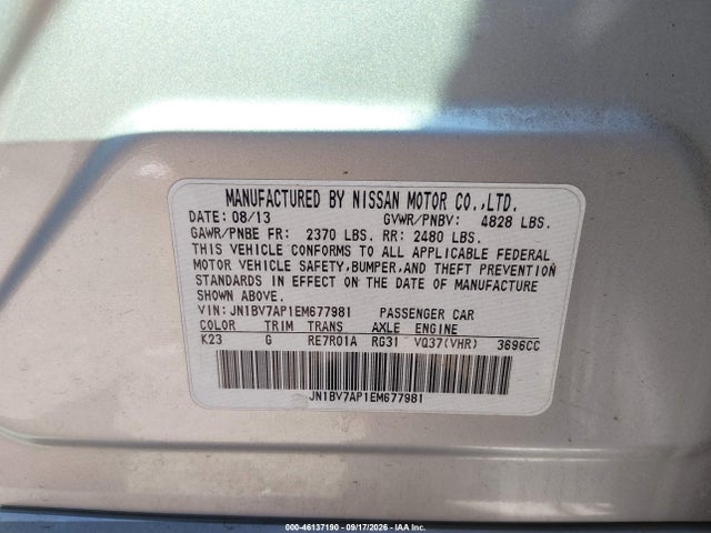 46137190 :رقم المزاد ، JN1BV7AP1EM677981 vin ، 2014 Infiniti Q50 Premium مزاد بيع