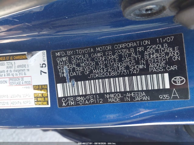 Aukcja sprzedaży 2008 Toyota Prius, vin: JTDKB20U887731747, numer aukcji: 46137191