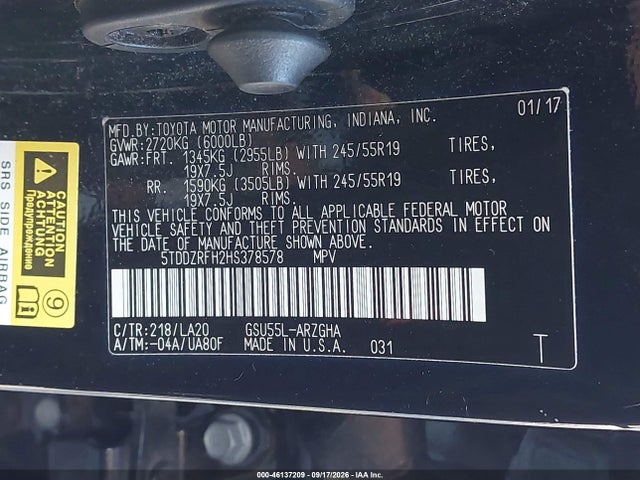Продаж на аукціоні авто 2017 Toyota Highlander Limited Platinum, vin: 5TDDZRFH2HS378578, номер лоту: 46137209