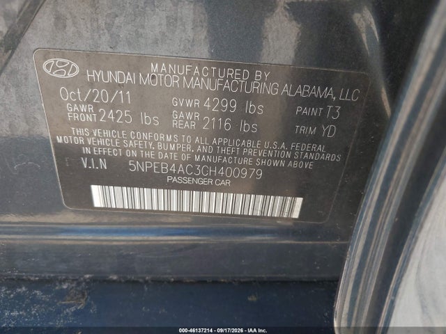 Продаж на аукціоні авто 2012 Hyundai Sonata Gls, vin: 5NPEB4AC3CH400979, номер лоту: 46137214