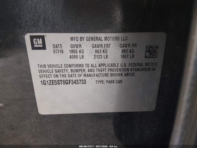 46137217 :رقم المزاد ، 1G1ZE5ST6GF343733 vin ، 2016 Chevrolet Malibu 1lt مزاد بيع
