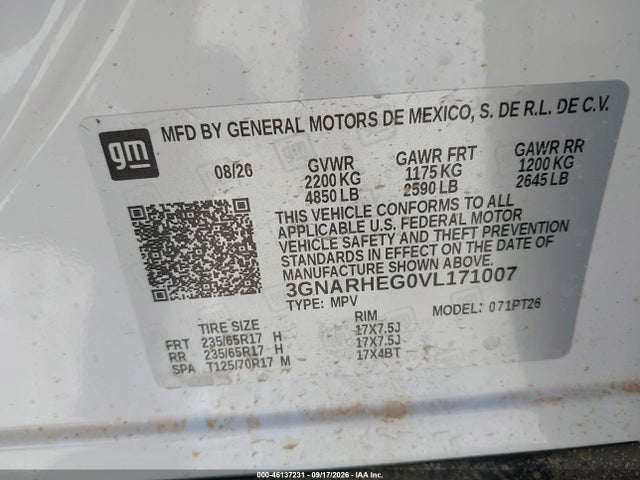 46137231 :رقم المزاد ، 3GNARHEG0VL171007 vin ، 2027 Chevrolet Equinox مزاد بيع