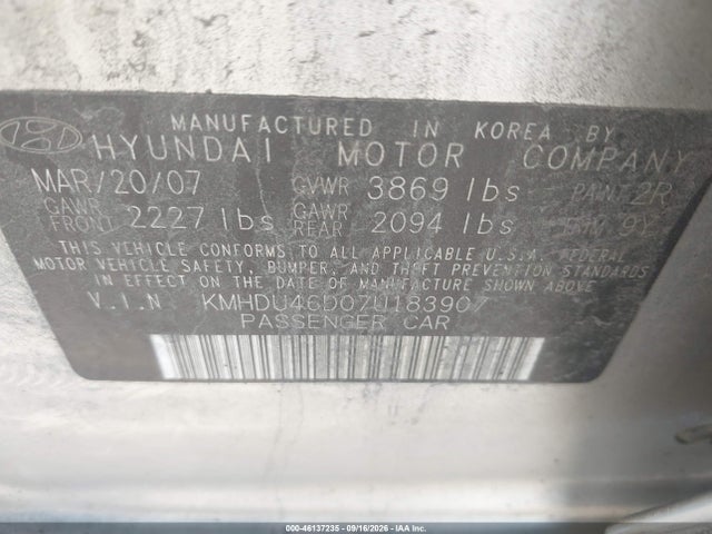 Aukcja sprzedaży 2007 Hyundai Elantra Gls/limited/se, vin: KMHDU46D07U183907, numer aukcji: 46137235