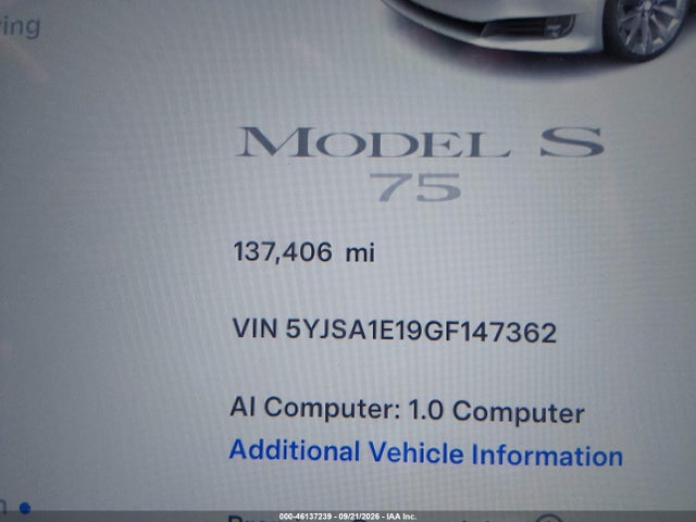 Aukcja sprzedaży 2016 Tesla Model S 60/70/75/85, vin: 5YJSA1E19GF147362, numer aukcji: 46137239
