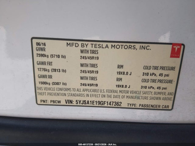Aukcja sprzedaży 2016 Tesla Model S 60/70/75/85, vin: 5YJSA1E19GF147362, numer aukcji: 46137239