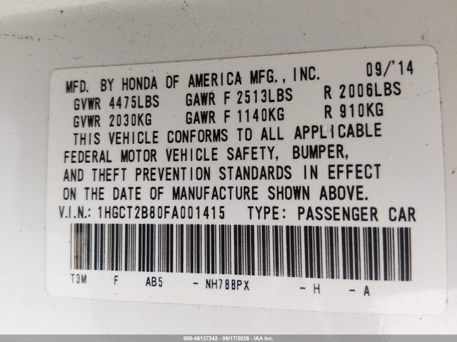 2015 Honda Accord Ex-l V-6 მანქანა იყიდება აუქციონზე, vin: 1HGCT2B80FA001415, აუქციონის ნომერი: 46137242