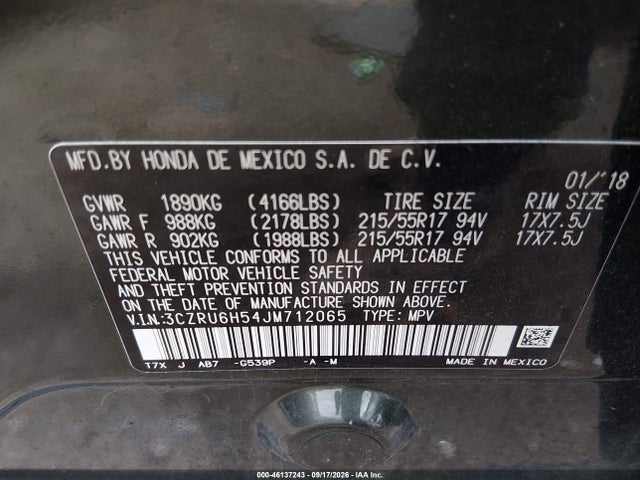 2018 Honda Hr-v Ex მანქანა იყიდება აუქციონზე, vin: 3CZRU6H54JM712065, აუქციონის ნომერი: 46137243