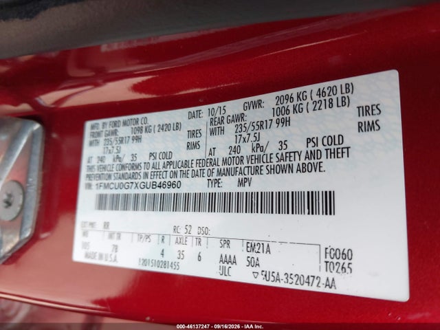46137247 :رقم المزاد ، 1FMCU0G7XGUB46960 vin ، 2016 Ford Escape Se مزاد بيع