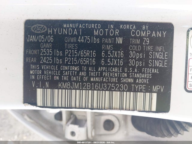 46137251 :رقم المزاد ، KM8JM12B16U375230 vin ، 2006 Hyundai Tucson Gl مزاد بيع