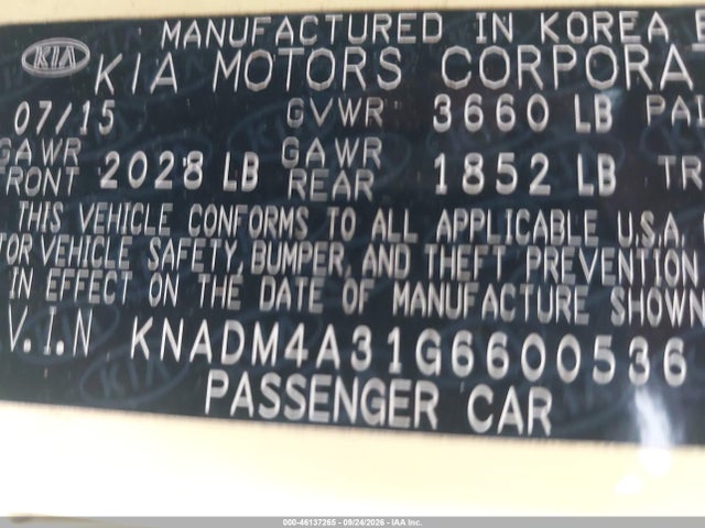 Продаж на аукціоні авто 2016 Kia Rio Lx, vin: KNADM4A31G6600536, номер лоту: 46137265