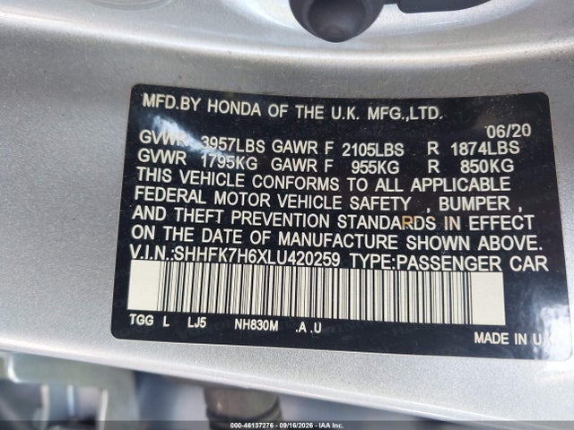Aukcja sprzedaży 2020 Honda Civic Ex, vin: SHHFK7H6XLU420259, numer aukcji: 46137276