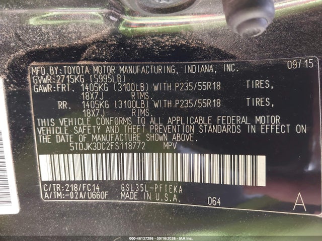 2015 Toyota Sienna Le 7 Passenger მანქანა იყიდება აუქციონზე, vin: 5TDJK3DC2FS118772, აუქციონის ნომერი: 46137286