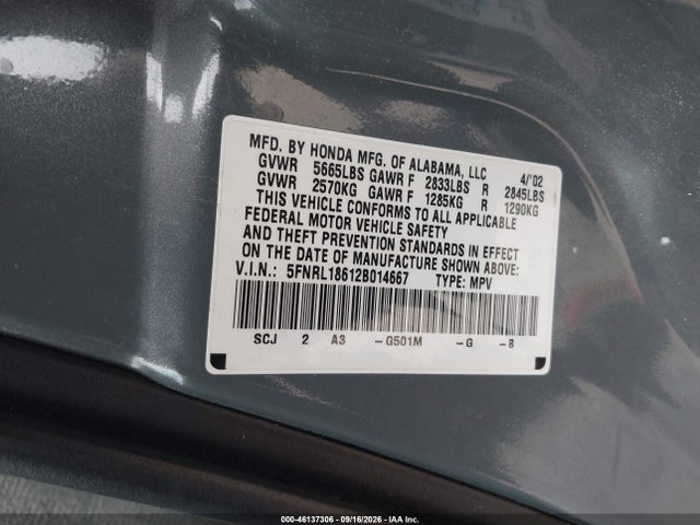 2002 Honda Odyssey Ex მანქანა იყიდება აუქციონზე, vin: 5FNRL18612B014667, აუქციონის ნომერი: 46137306