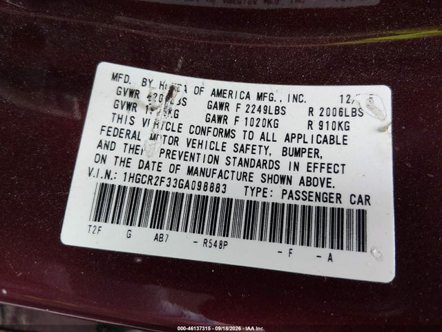 Aukcja sprzedaży 2016 Honda Accord Lx, vin: 1HGCR2F33GA098883, numer aukcji: 46137315