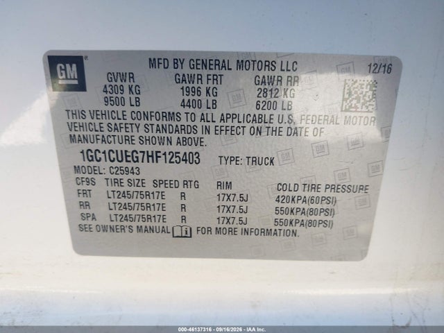 Aukcja sprzedaży 2017 Chevrolet Silverado 2500hd Wt, vin: 1GC1CUEG7HF125403, numer aukcji: 46137316