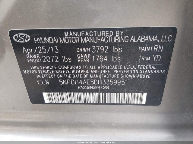 46137339 :رقم المزاد ، 5NPDH4AE8DH335995 vin ، 2013 Hyundai Elantra Gls مزاد بيع
