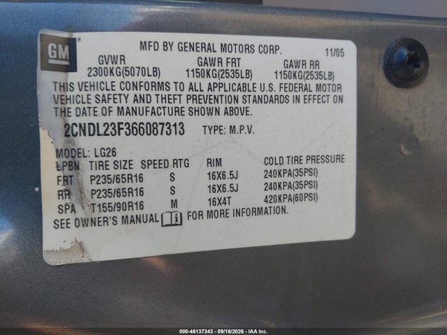 Aukcja sprzedaży 2006 Chevrolet Equinox Ls, vin: 2CNDL23F366087313, numer aukcji: 46137343
