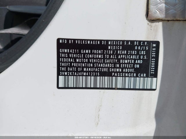 46137361 :رقم المزاد ، 3VW2K7AJ4FM412315 vin ، 2015 Volkswagen Jetta 2.0l S مزاد بيع