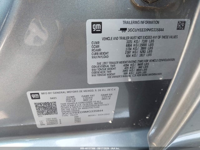 2021 Chevrolet Silverado 1500 4wd  Short Bed Rst მანქანა იყიდება აუქციონზე, vin: 3GCUYEED9MG335844, აუქციონის ნომერი: 46137366