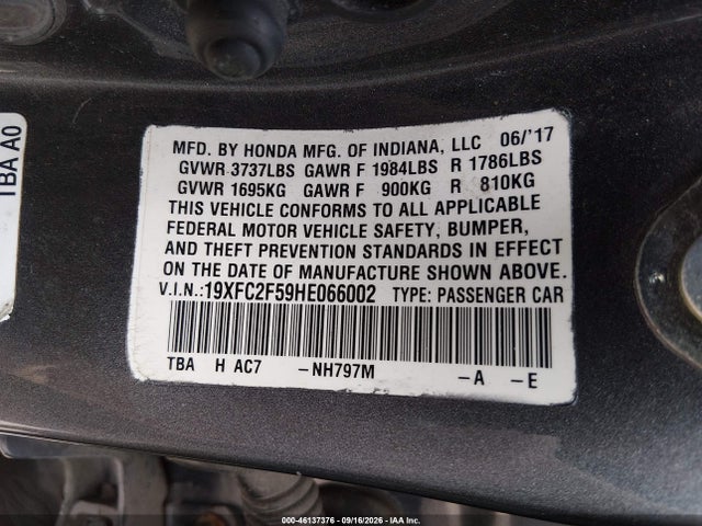 2017 Honda Civic Lx მანქანა იყიდება აუქციონზე, vin: 19XFC2F59HE066002, აუქციონის ნომერი: 46137376